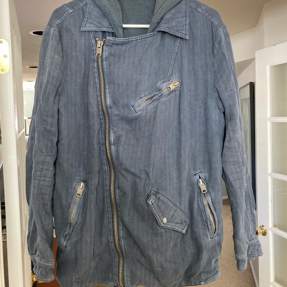 Free People Blue Denim Utility-Style Oversized Jacket